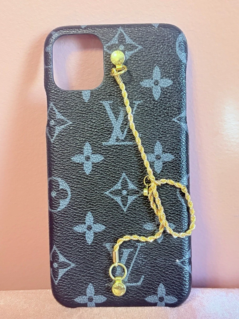 Designer Monogram Black/Grey Phone Case with Gold Charm — iPhone 11
